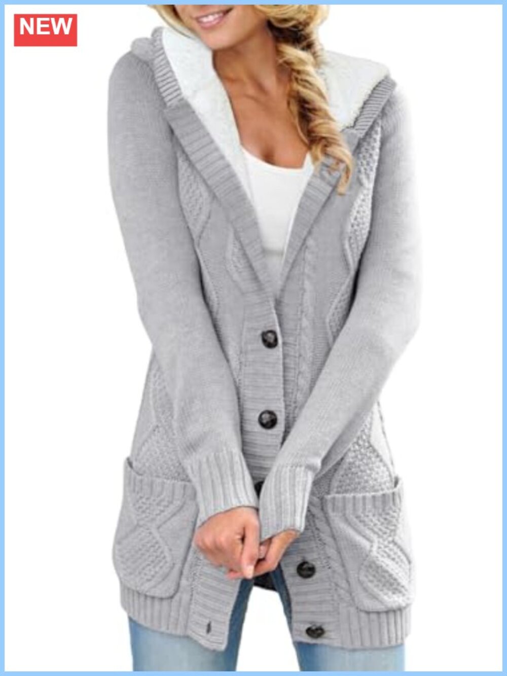 Cable Knit Fleece Lined Hooded Cardigan Sweater Button Side Pockets